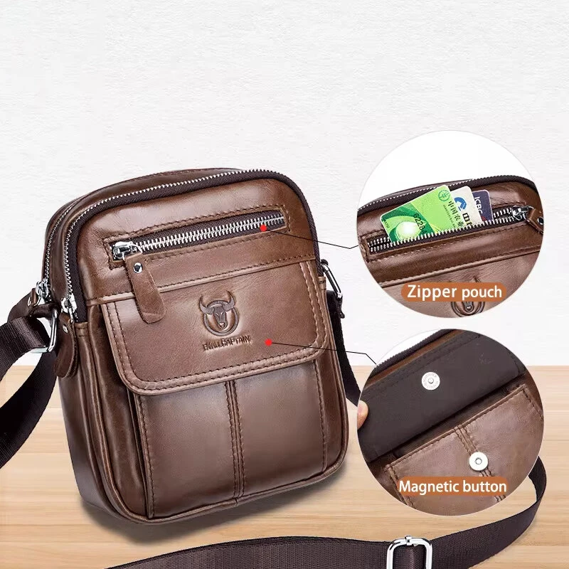 (image for) BULLCAPTAIN Men's Casual Shoulder Bag High Quality Business Messenger Bag Cowhide Leather Mini Pocket Large Capacity Bag for Men